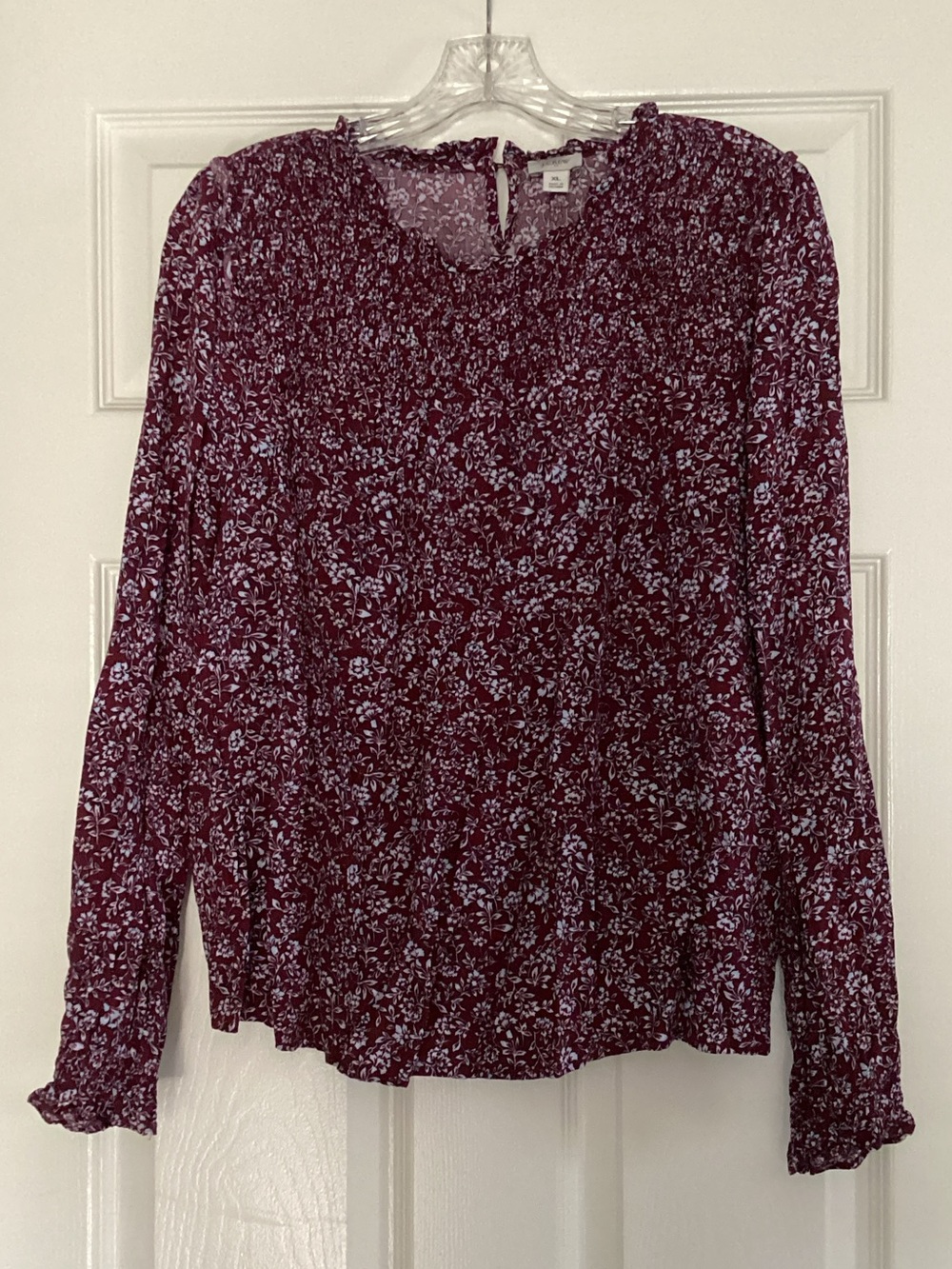 J. Crew Maroon Floral Smocked-Neck Peasant Blouse